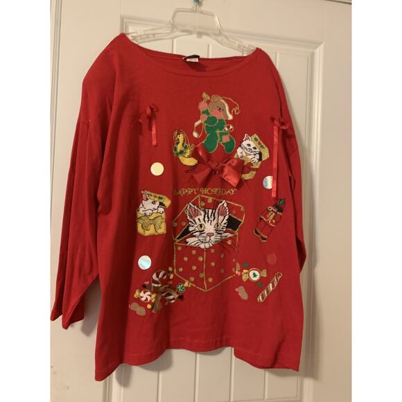 Sweet Blondie red christmas themed blouse shirt kitty bear made in US VTG 1X - Picture 1 of 7